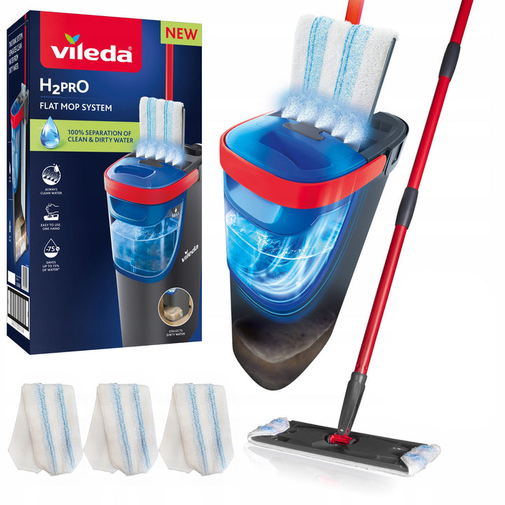 Vileda H2prO flat mopp, 100 % separation av rent och smutsigt vatten, två behållare, 3 mikrofiberöverdrag, 360°-munstycke, 175774