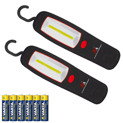 Maclean COB LED-verkstadslampa, magnet, krok, MCE03, 2 st + 6 st Varta Industrial LR6/AA R-06-batterier