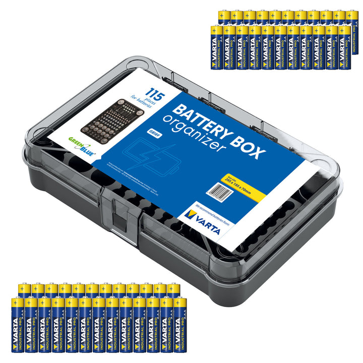 GreenBlue Varta Box GB189 batteriorganiserare + 22x Varta Industrial AA-batterier + 25x Varta Industrial AAA-batterier