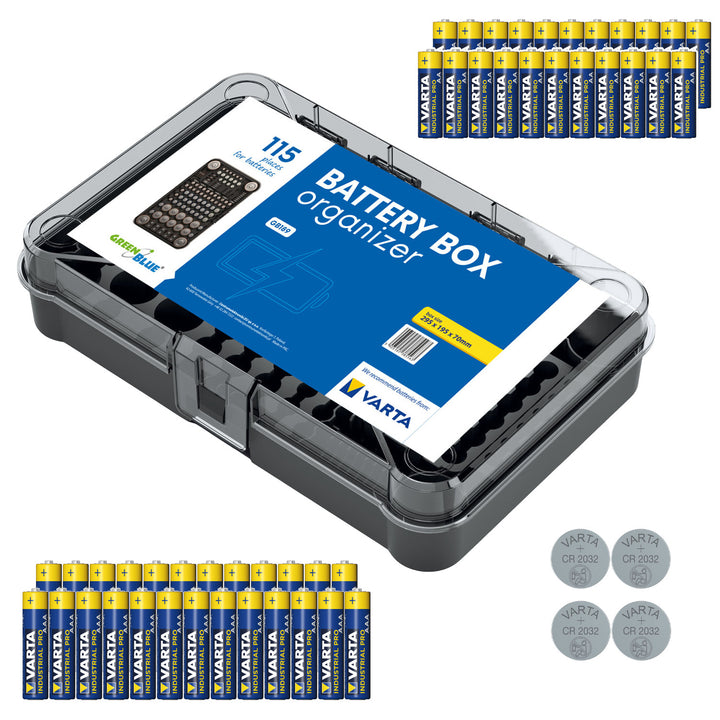 GreenBlue Varta Box GB189 batteriorganiserare + 22x Varta Industrial AA-batterier + 25x Varta Industrial AAA-batterier + 4x Varta CR2032 litiumbatterier