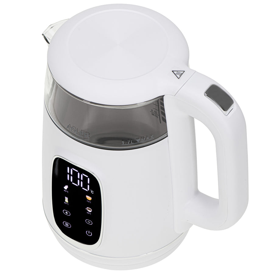 Elektrisk vattenkokare i glas med temperaturreglering 1,7 l, LED, 40–100 °C, Adler AD 1305 WS vit