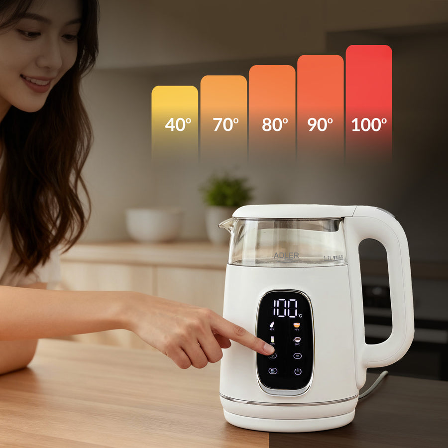 Elektrisk vattenkokare i glas med temperaturreglering 1,7 l, LED, 40–100 °C, Adler AD 1305 WS vit