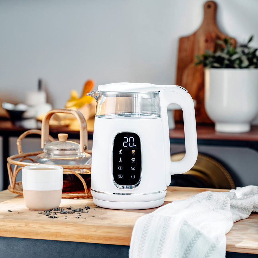 Elektrisk vattenkokare i glas med temperaturreglering 1,7 l, LED, 40–100 °C, Adler AD 1305 WS vit