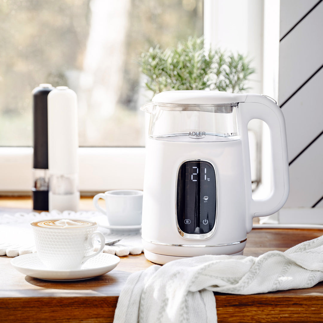 Elektrisk vattenkokare i glas med temperaturreglering 1,7 l, LED, 40–100 °C, Adler AD 1305 WS vit