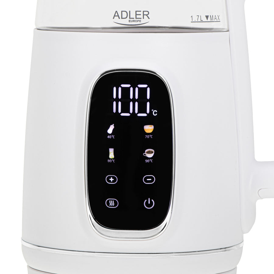 Elektrisk vattenkokare i glas med temperaturreglering 1,7 l, LED, 40–100 °C, Adler AD 1305 WS vit