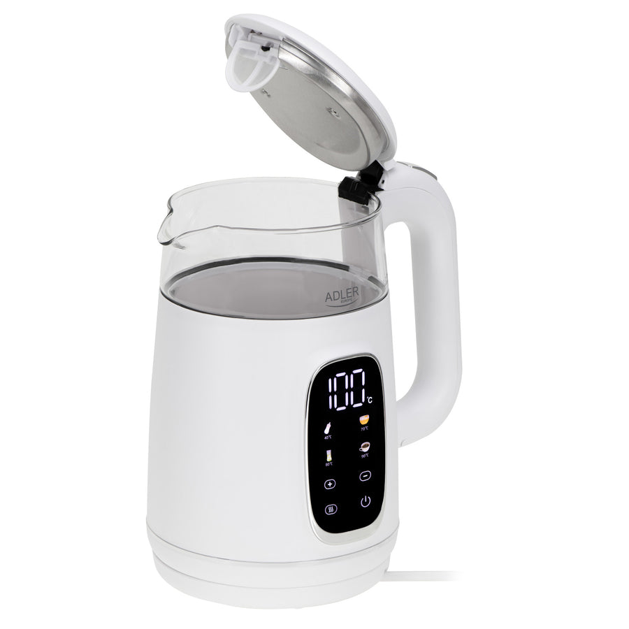 Elektrisk vattenkokare i glas med temperaturreglering 1,7 l, LED, 40–100 °C, Adler AD 1305 WS vit