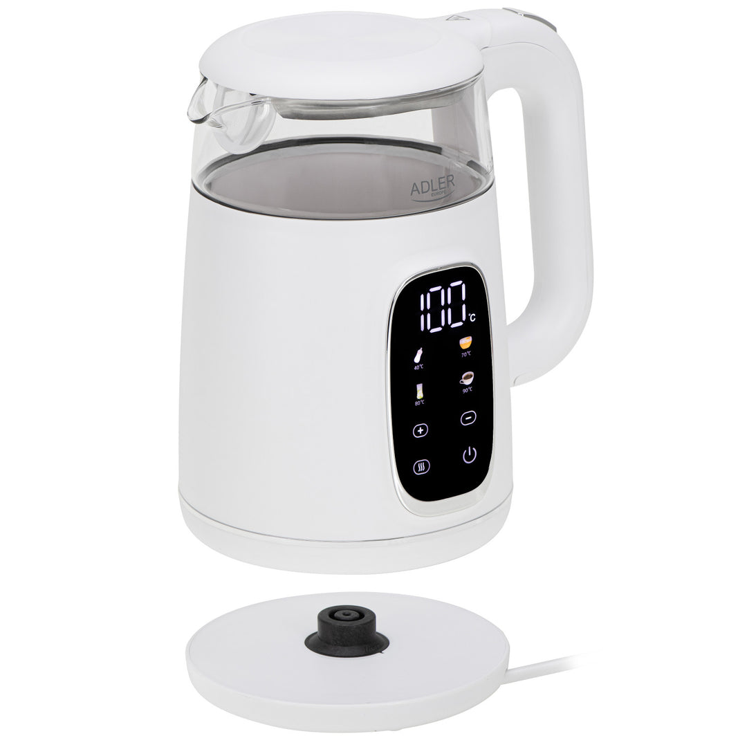 Elektrisk vattenkokare i glas med temperaturreglering 1,7 l, LED, 40–100 °C, Adler AD 1305 WS vit