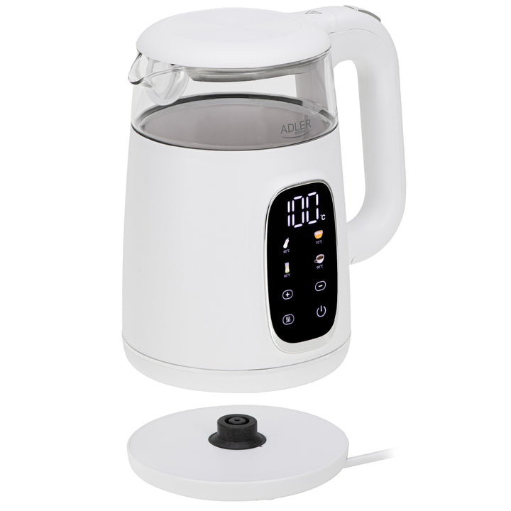Elektrisk vattenkokare i glas med temperaturreglering 1,7 l, LED, 40–100 °C, Adler AD 1305 WS vit
