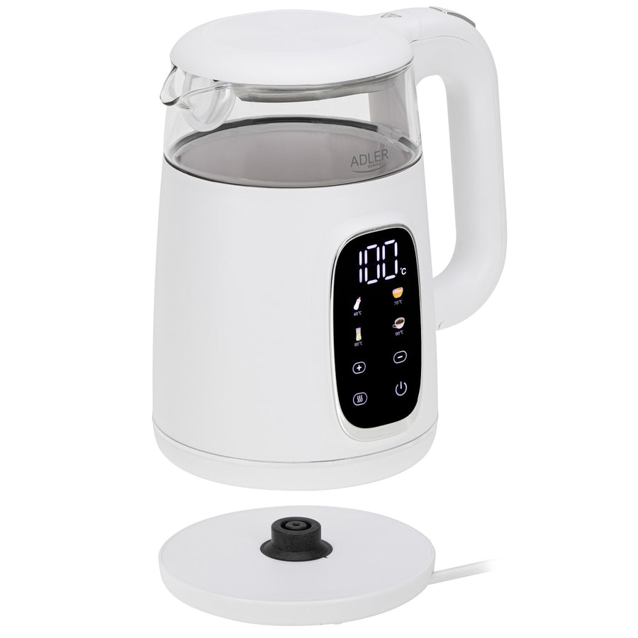Elektrisk vattenkokare i glas med temperaturreglering 1,7 l, LED, 40–100 °C, Adler AD 1305 WS vit