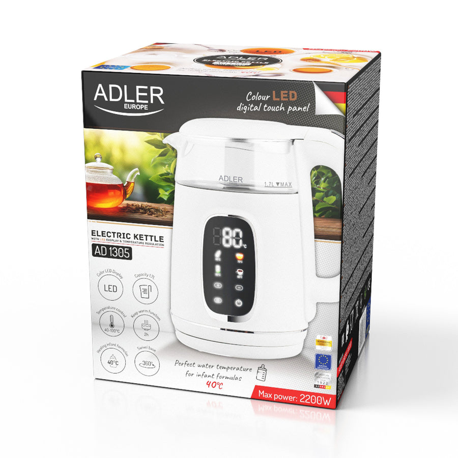 Elektrisk vattenkokare i glas med temperaturreglering 1,7 l, LED, 40–100 °C, Adler AD 1305 WS vit