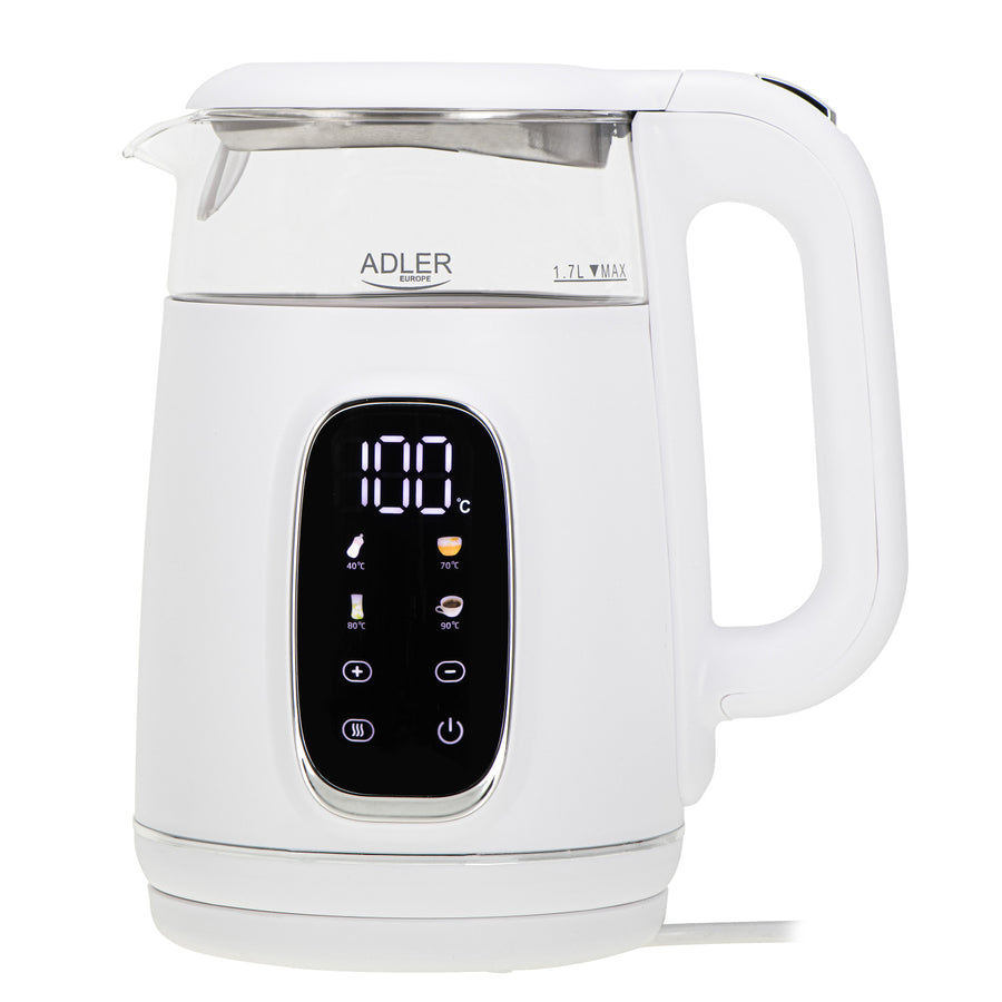 Elektrisk vattenkokare i glas med temperaturreglering 1,7 l, LED, 40–100 °C, Adler AD 1305 WS vit