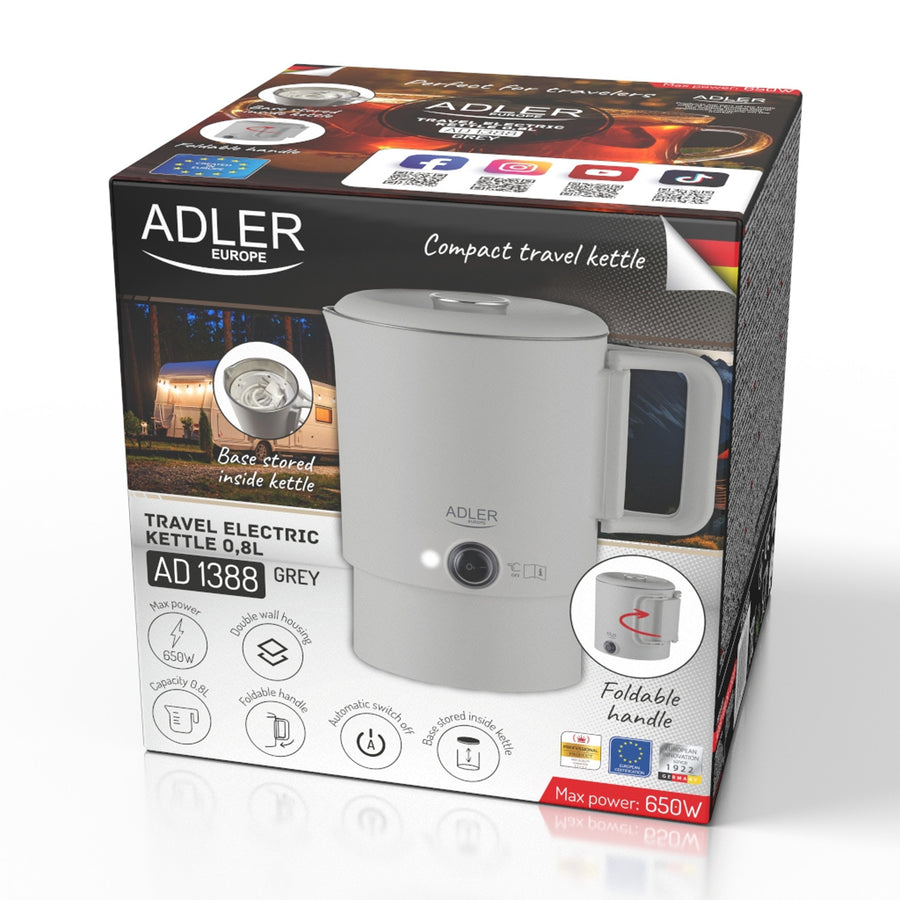 Adler vattenkokare, resevattenkokare, dubbla väggar, kapacitet 0,8 l, maxeffekt 650 W, grå, AD 1388