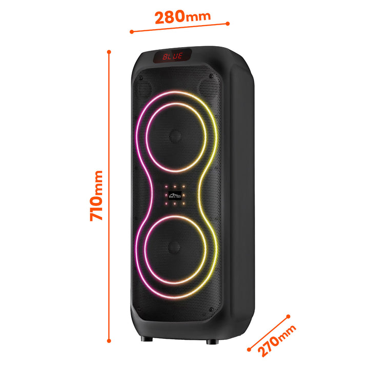 Stor Bluetooth-högtalare, 120 W RMS/1400 W PMPO, två 8-tums högtalare, equalizer, karaokefunktion, MP3/microSD-kort, USB, AUX, BT 5.3+EDR, display, LED, inbyggt batteri, fjärrkontroll, MT3185