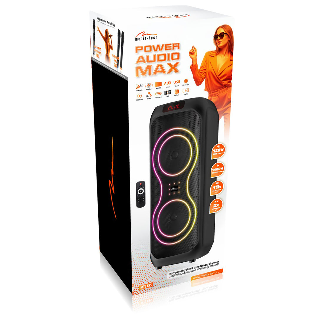 Stor Bluetooth-högtalare, 120 W RMS/1400 W PMPO, två 8-tums högtalare, equalizer, karaokefunktion, MP3/microSD-kort, USB, AUX, BT 5.3+EDR, display, LED, inbyggt batteri, fjärrkontroll, MT3185