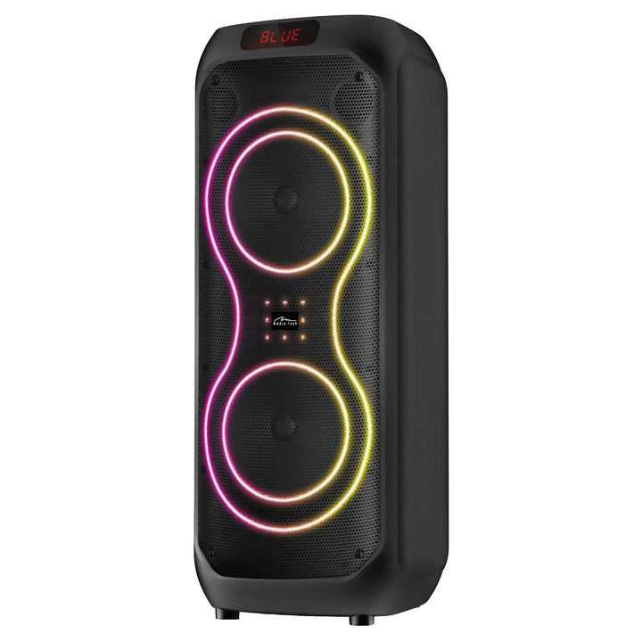 Stor Bluetooth-högtalare, 120 W RMS/1400 W PMPO, två 8-tums högtalare, equalizer, karaokefunktion, MP3/microSD-kort, USB, AUX, BT 5.3+EDR, display, LED, inbyggt batteri, fjärrkontroll, MT3185