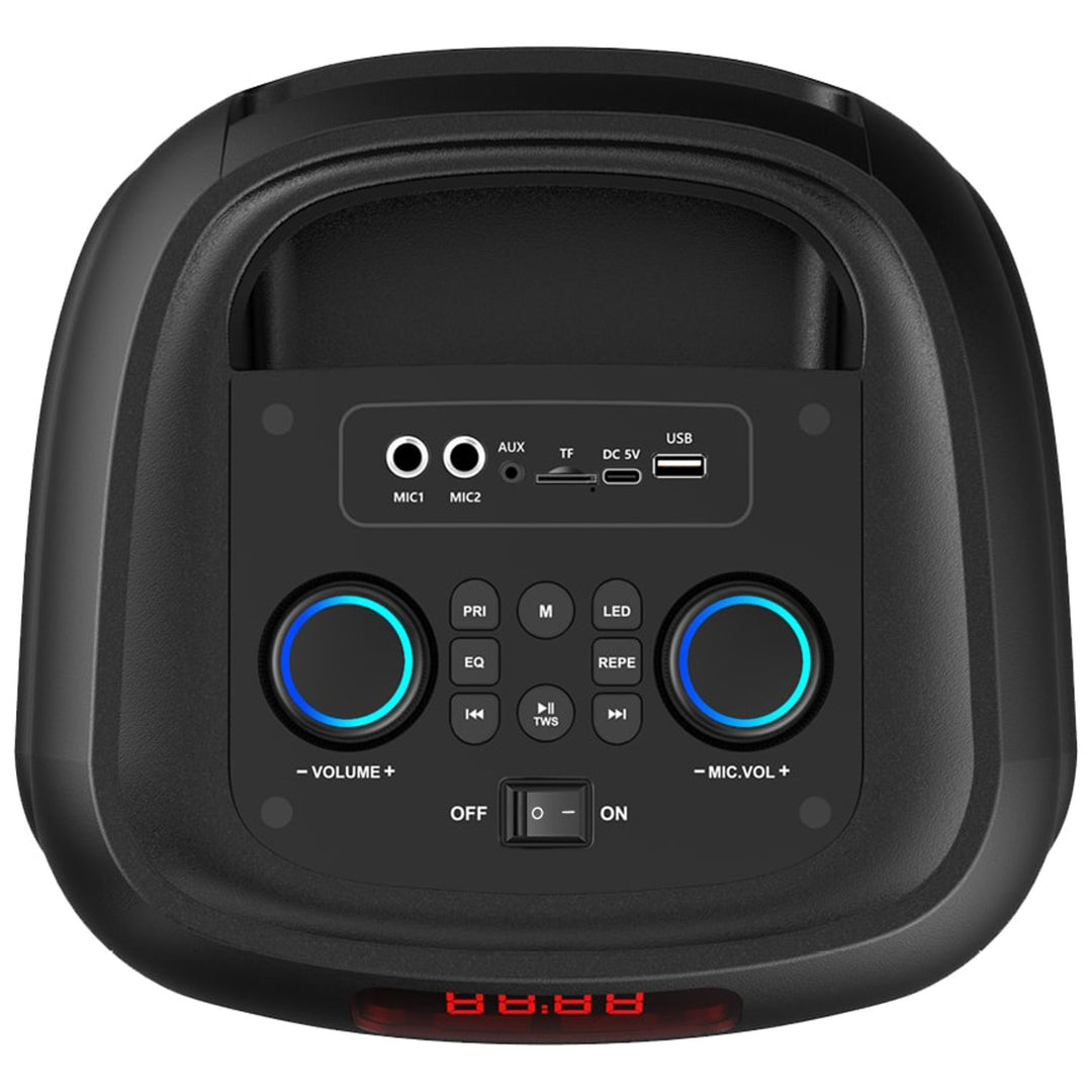 Stor Bluetooth-högtalare, 120 W RMS/1400 W PMPO, två 8-tums högtalare, equalizer, karaokefunktion, MP3/microSD-kort, USB, AUX, BT 5.3+EDR, display, LED, inbyggt batteri, fjärrkontroll, MT3185