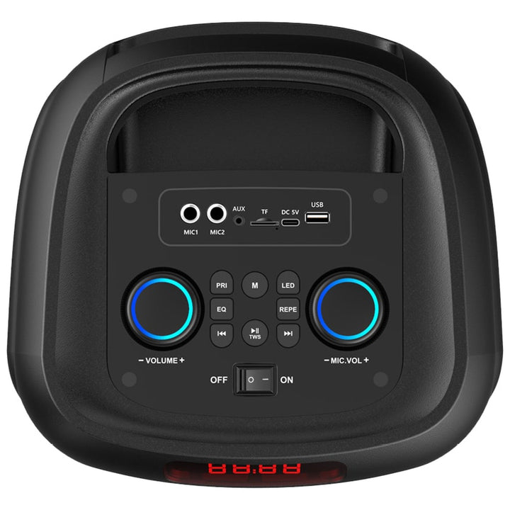Stor Bluetooth-högtalare, 120 W RMS/1400 W PMPO, två 8-tums högtalare, equalizer, karaokefunktion, MP3/microSD-kort, USB, AUX, BT 5.3+EDR, display, LED, inbyggt batteri, fjärrkontroll, MT3185