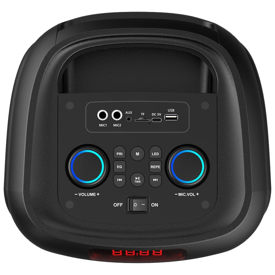 Stor Bluetooth-högtalare, 120 W RMS/1400 W PMPO, två 8-tums högtalare, equalizer, karaokefunktion, MP3/microSD-kort, USB, AUX, BT 5.3+EDR, display, LED, inbyggt batteri, fjärrkontroll, MT3185