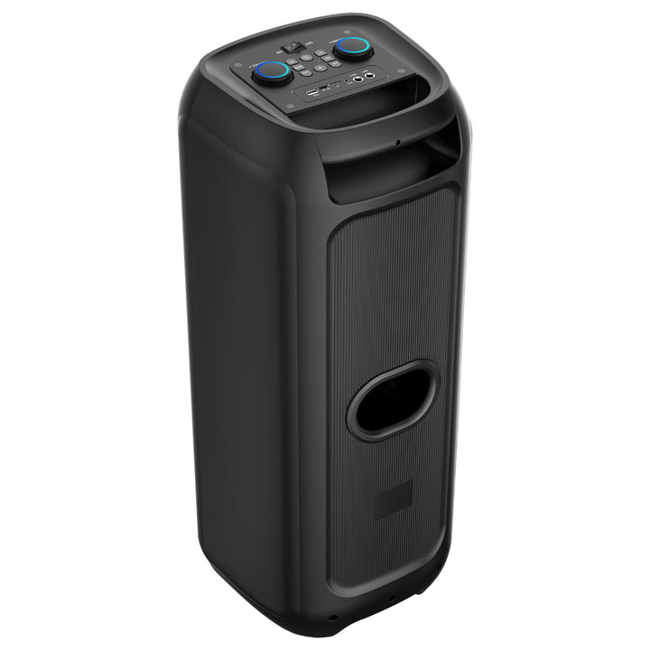 Stor Bluetooth-högtalare, 120 W RMS/1400 W PMPO, två 8-tums högtalare, equalizer, karaokefunktion, MP3/microSD-kort, USB, AUX, BT 5.3+EDR, display, LED, inbyggt batteri, fjärrkontroll, MT3185