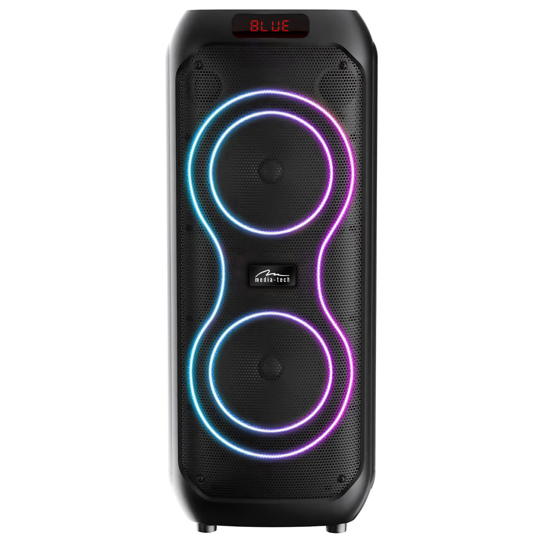 Stor Bluetooth-högtalare, 120 W RMS/1400 W PMPO, två 8-tums högtalare, equalizer, karaokefunktion, MP3/microSD-kort, USB, AUX, BT 5.3+EDR, display, LED, inbyggt batteri, fjärrkontroll, MT3185