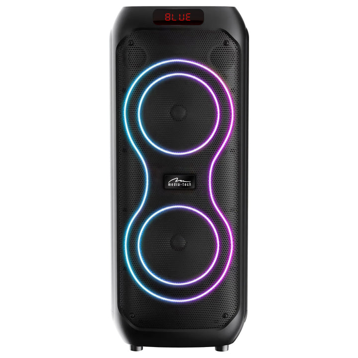 Stor Bluetooth-högtalare, 120 W RMS/1400 W PMPO, två 8-tums högtalare, equalizer, karaokefunktion, MP3/microSD-kort, USB, AUX, BT 5.3+EDR, display, LED, inbyggt batteri, fjärrkontroll, MT3185