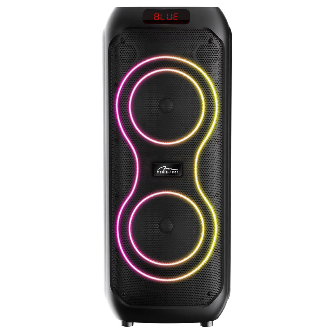 Stor Bluetooth-högtalare, 120 W RMS/1400 W PMPO, två 8-tums högtalare, equalizer, karaokefunktion, MP3/microSD-kort, USB, AUX, BT 5.3+EDR, display, LED, inbyggt batteri, fjärrkontroll, MT3185