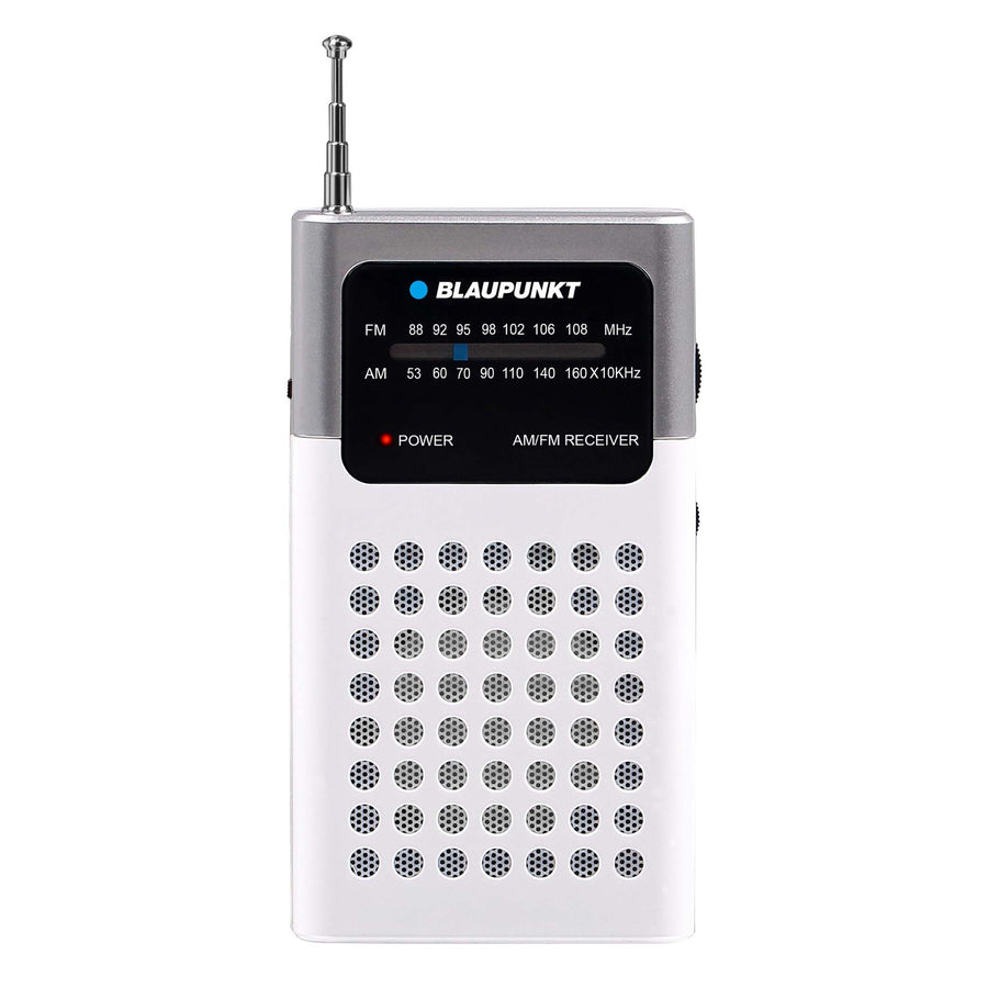 Blaupunkt bärbar AM/FM-radio, inbyggd minijack-uttag, inbyggd förstärkare, teleskopantenn, lätt och smidig, drivs med två AA-batterier (3 V), PR4WH