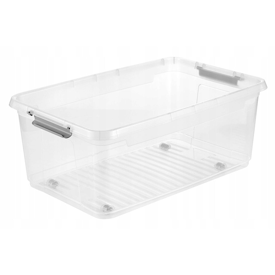 Leo Keeper-behållare med lock, volym 37 liter, genomskinlig, med hjul, lock som stängs med klämmor