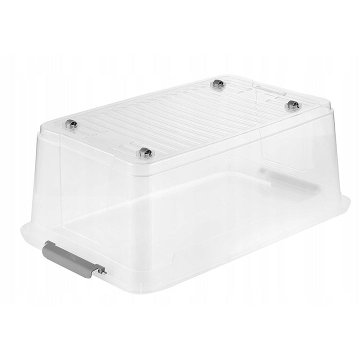 Leo Keeper-behållare med lock, volym 37 liter, genomskinlig, med hjul, lock som stängs med klämmor