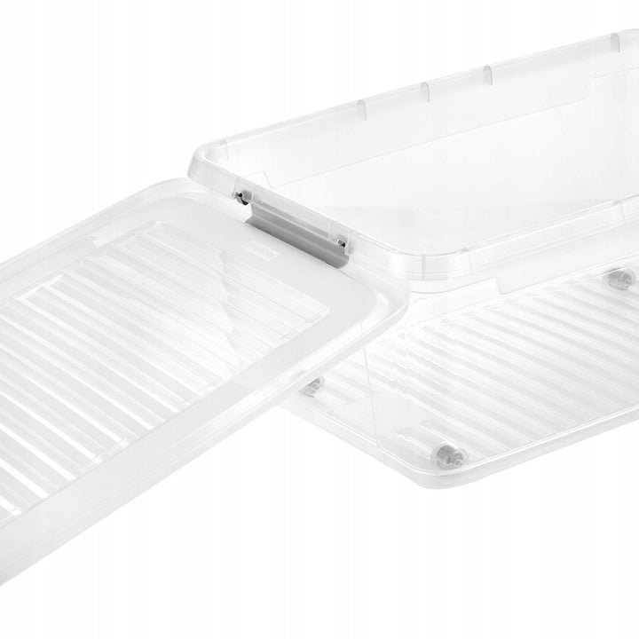 Leo Keeper-behållare med lock, volym 37 liter, genomskinlig, med hjul, lock som stängs med klämmor