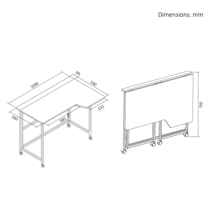 Maclean hopfällbart skrivbord, svart, flyttbart, 100x65 cm, max. 50 kg, vinklat, L-form, MC-1250 L/B