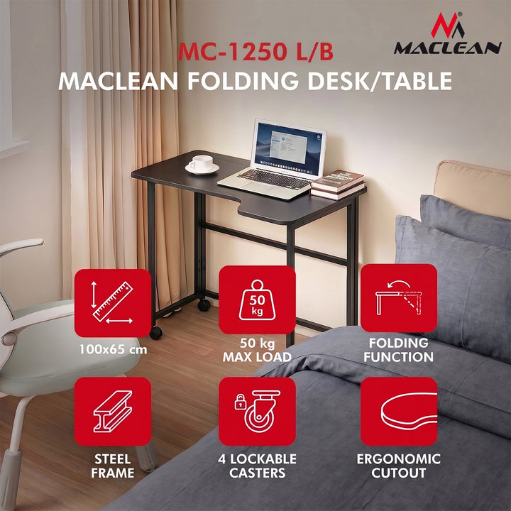 Maclean hopfällbart skrivbord, svart, flyttbart, 100x65 cm, max. 50 kg, vinklat, L-form, MC-1250 L/B