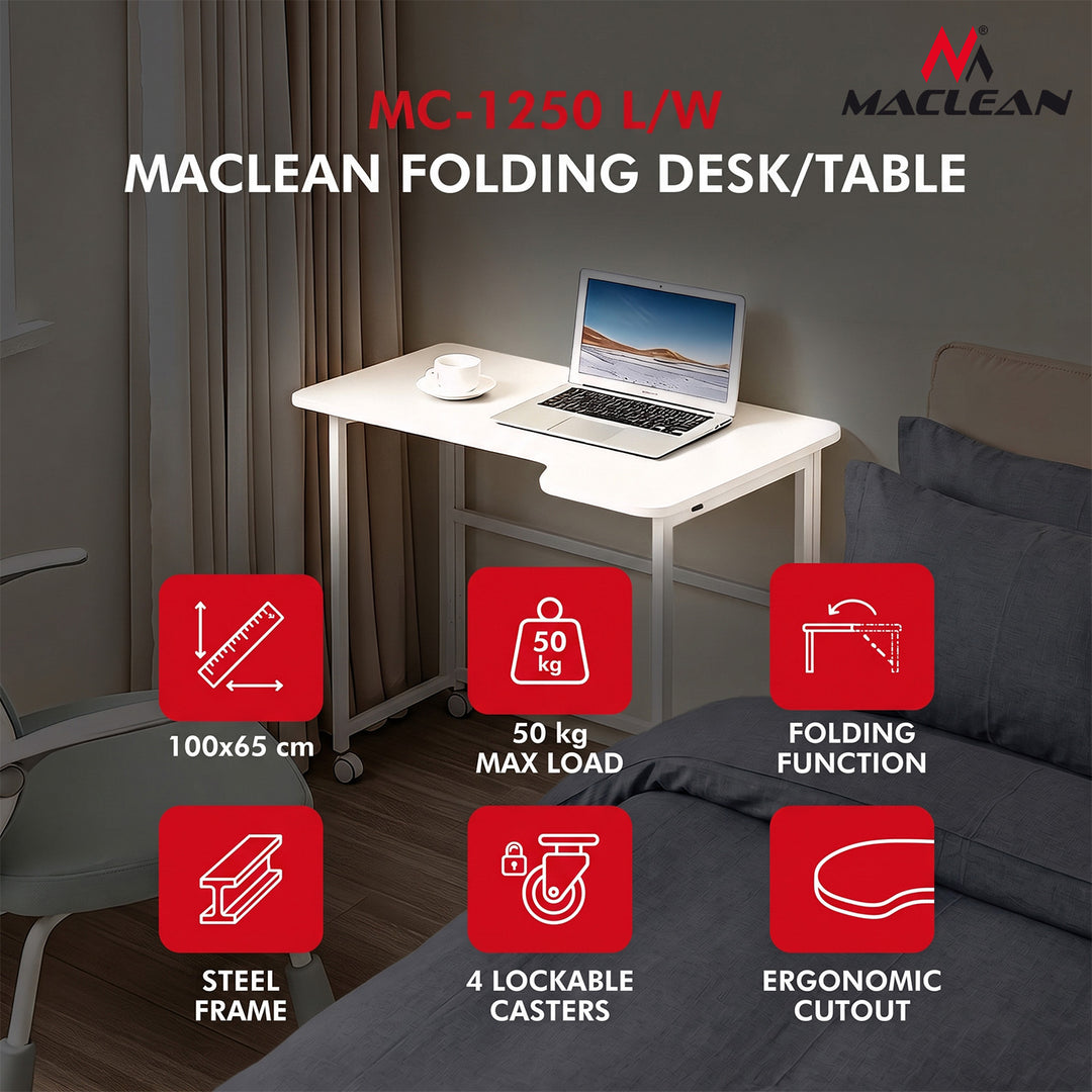 Maclean hopfällbart skrivbord, vitt, flyttbart, 100x65 cm, max. 50 kg, vinklat, L-format, MC-1250 L/W