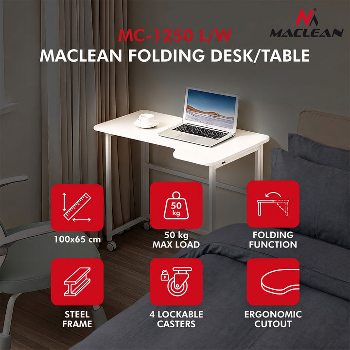 Maclean hopfällbart skrivbord, vitt, flyttbart, 100x65 cm, max. 50 kg, vinklat, L-format, MC-1250 L/W