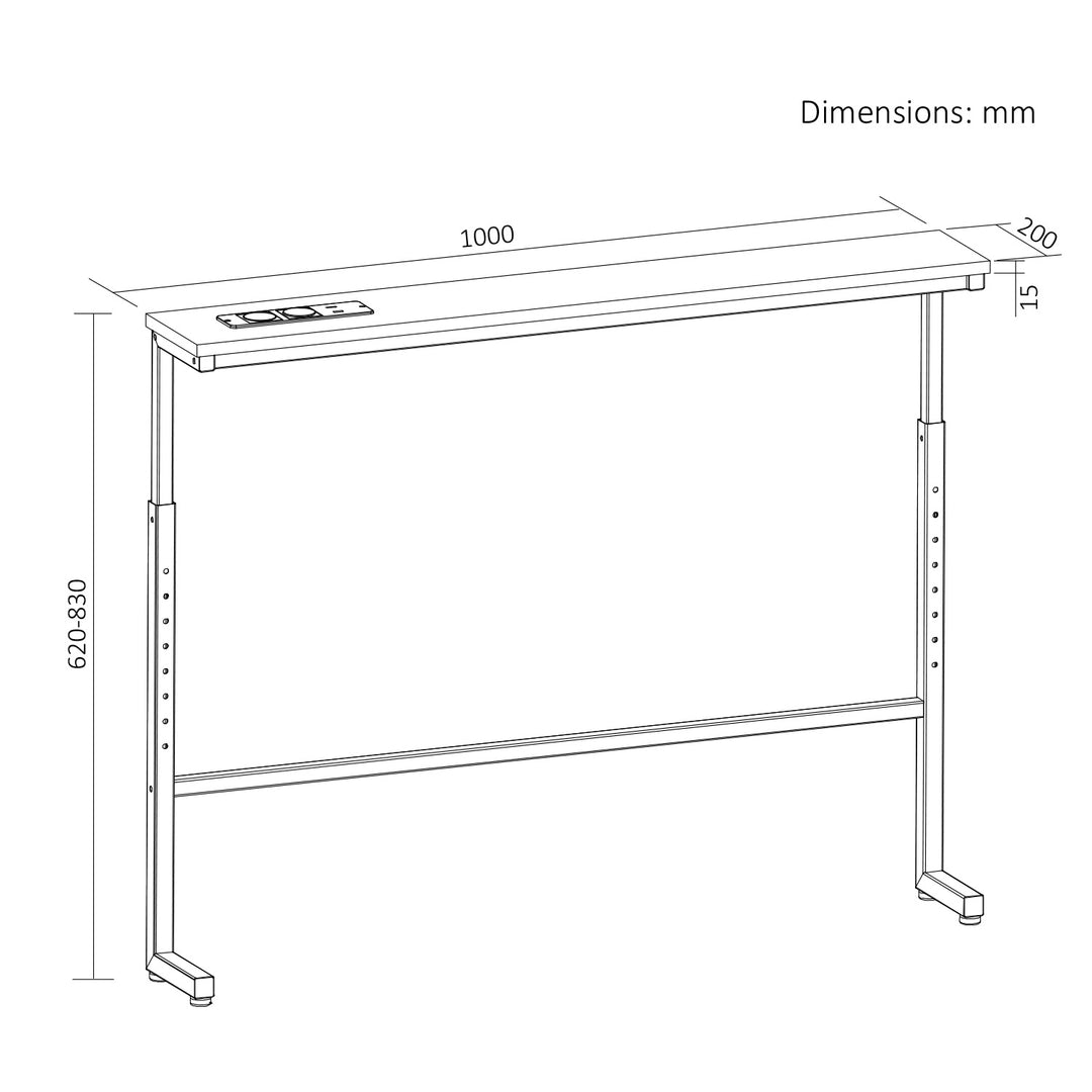 Konsol/bord med laddningslist från Maclean, svart med rustik bordsskiva, höjdjusterbar 62–83 cm, max 25 kg, kabel 2,5 m, MC-140 B