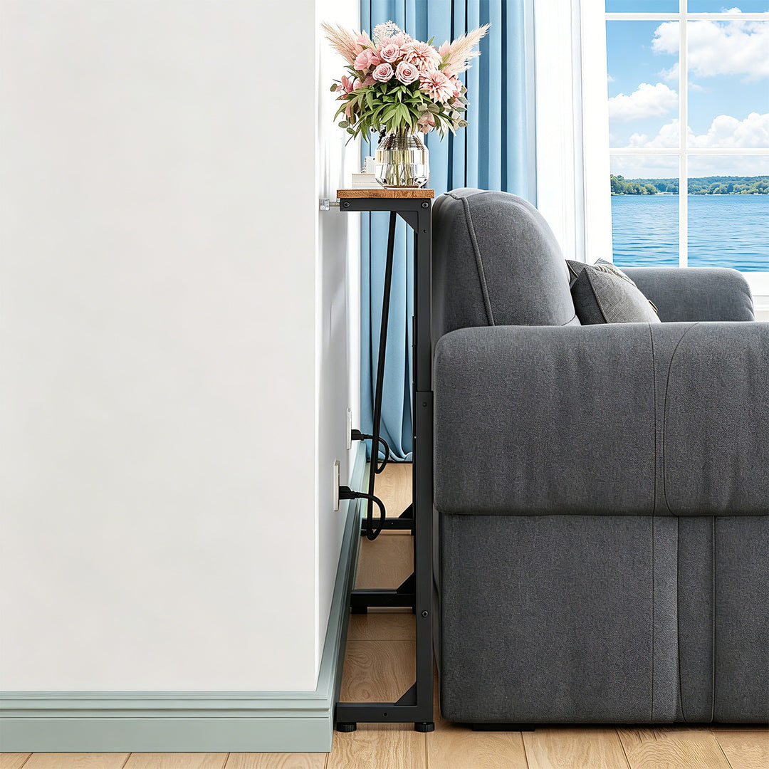Konsol/bord med laddningslist från Maclean, svart med rustik bordsskiva, höjdjusterbar 62–83 cm, max 25 kg, kabel 2,5 m, MC-140 B