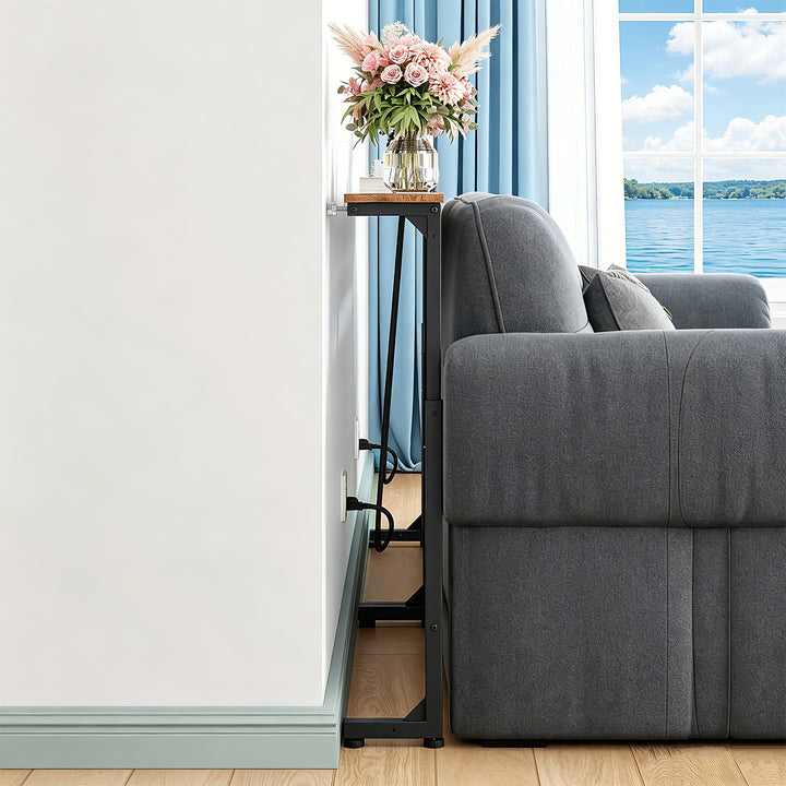 Konsol/bord med laddningslist från Maclean, svart med rustik bordsskiva, höjdjusterbar 62–83 cm, max 25 kg, kabel 2,5 m, MC-140 B