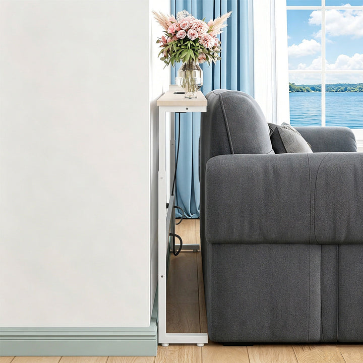 Maclean-konsol/bord med laddningslist, vit med ljust bordsskiva, höjdjusterbar 62–83 cm, max 25 kg, sladd 2,5 m, MC-140 W