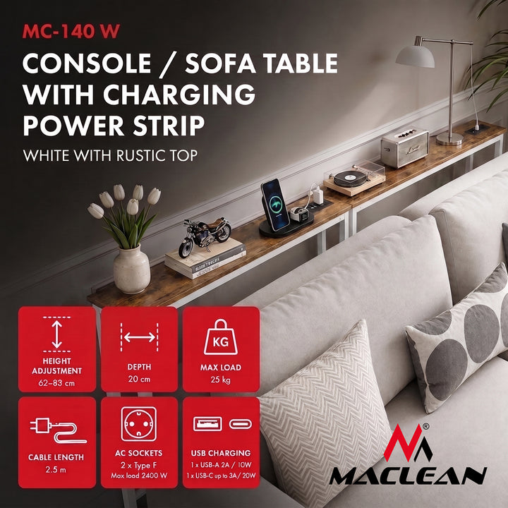 Maclean-konsol/bord med laddningslist, vit med ljust bordsskiva, höjdjusterbar 62–83 cm, max 25 kg, sladd 2,5 m, MC-140 W