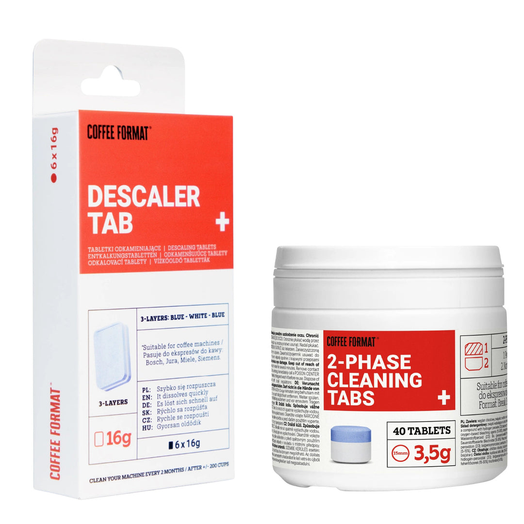 Set med rengöringstabletter för kaffebryggare, 2-phase Cleaning TABS+ 40 st à 3,5 g + avkalkningstabletter för kaffebryggare, Descaler Tab+ 6 st à 16 g