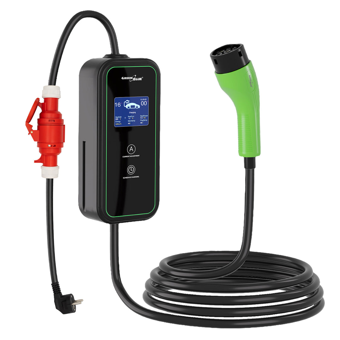 GreenBlue-laddare för EV/PHEV, bärbar, typ 2, kabellängd 6,8 m, IP65, 11 kW, 220–380 V växelström 50/60 Hz, 16 A, 3-fas, GB1100