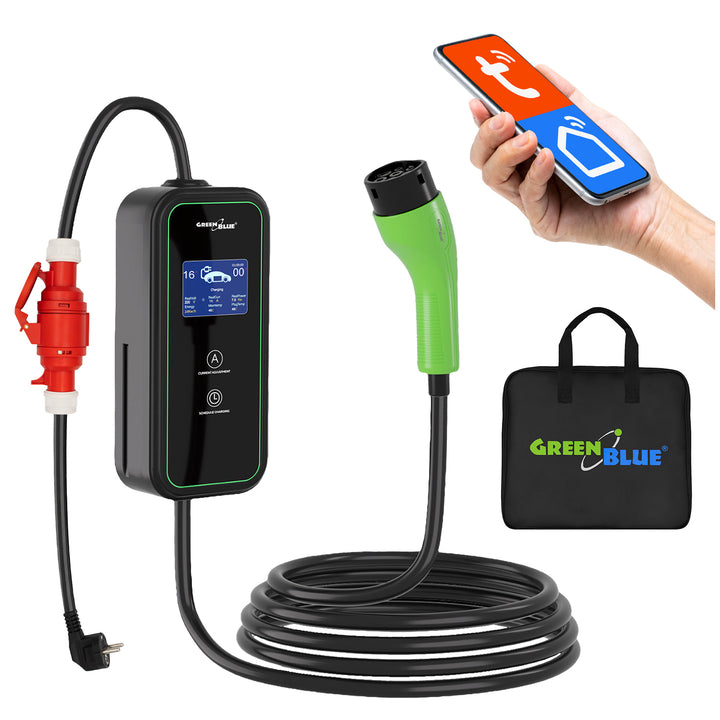 GreenBlue-laddare för EV/PHEV, bärbar, typ 2, kabellängd 6,8 m, IP65, 11 kW, 220–380 V växelström 50/60 Hz, 16 A, 3-fas, GB1100
