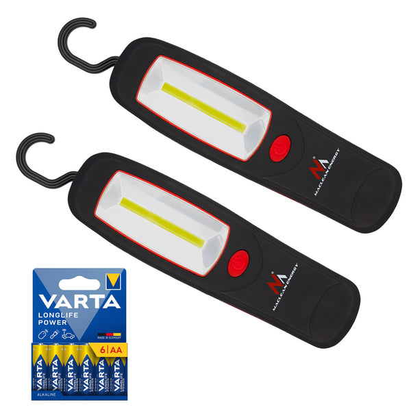 2 st Maclean COB LED-verkstadslampor, magnet, krok, MCE03 + 6 st R-06 R06 AA LR06 1,5 V VARTA Longlife Power-batterier
