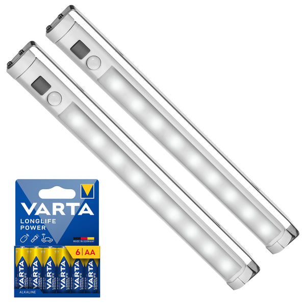 2 st Maclean LED-kökslampor, för montering under skåp, 9 SMD-lampor, batteridrivna, PIR-sensor med på/av-funktion, MCE166 + 6 st batterier R-06/R06/AA/LR06 1,5 V VARTA Longlife Power