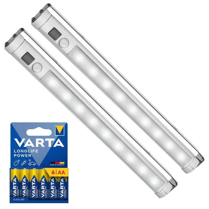 2 st Maclean LED-kökslampor, för montering under skåp, 9 SMD-lampor, batteridrivna, PIR-sensor med på/av-funktion, MCE166 + 6 st batterier R-06/R06/AA/LR06 1,5 V VARTA Longlife Power