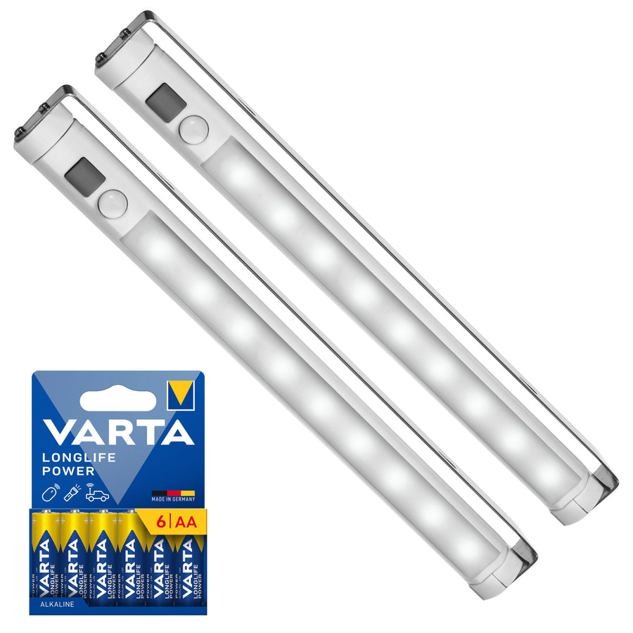 2 st Maclean LED-kökslampor, för montering under skåp, 9 SMD-lampor, batteridrivna, PIR-sensor med på/av-funktion, MCE166 + 6 st batterier R-06/R06/AA/LR06 1,5 V VARTA Longlife Power