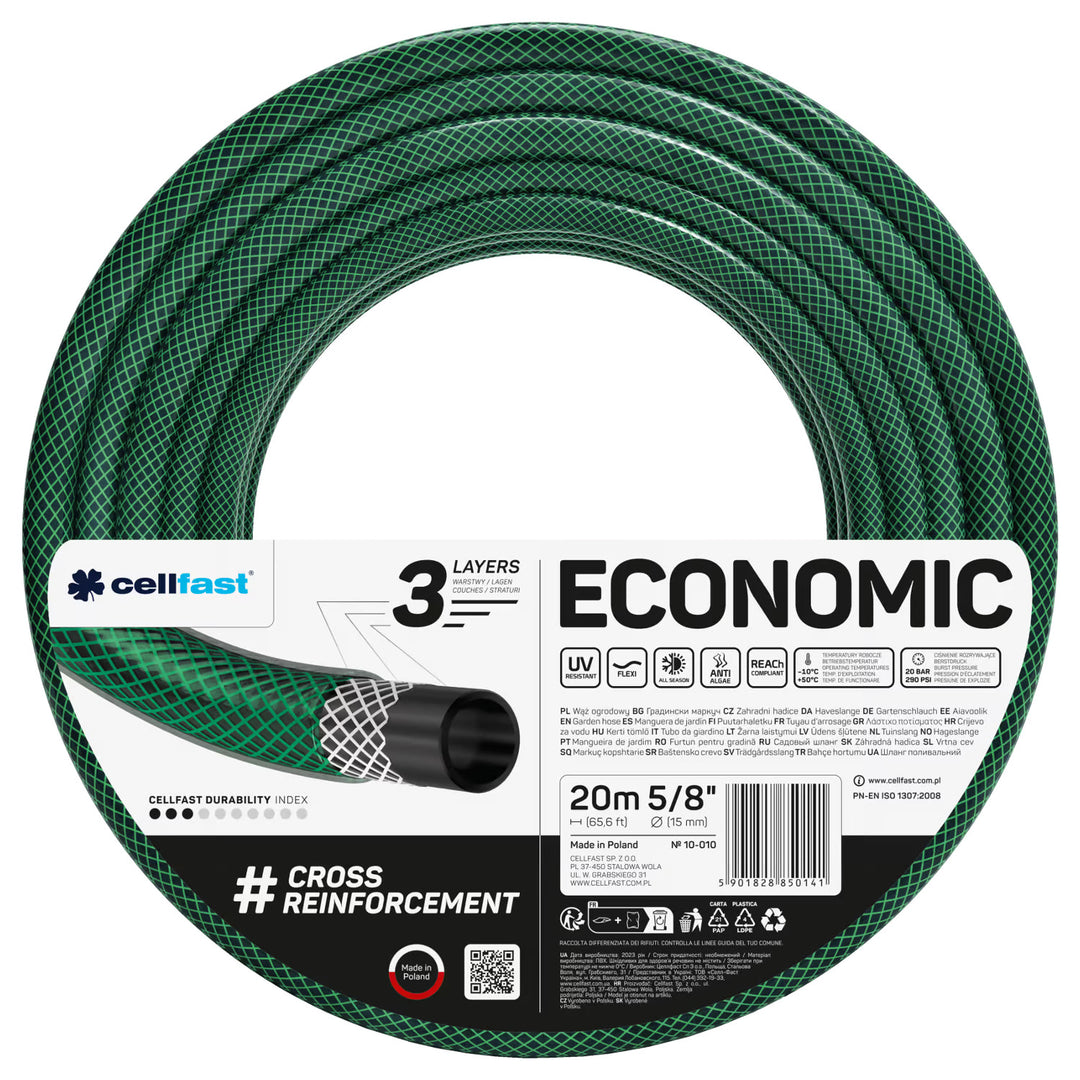 Cellfast trädgårdsslang, 3-lagers, korsflätad polyester, 5/8" 20 m, Economic