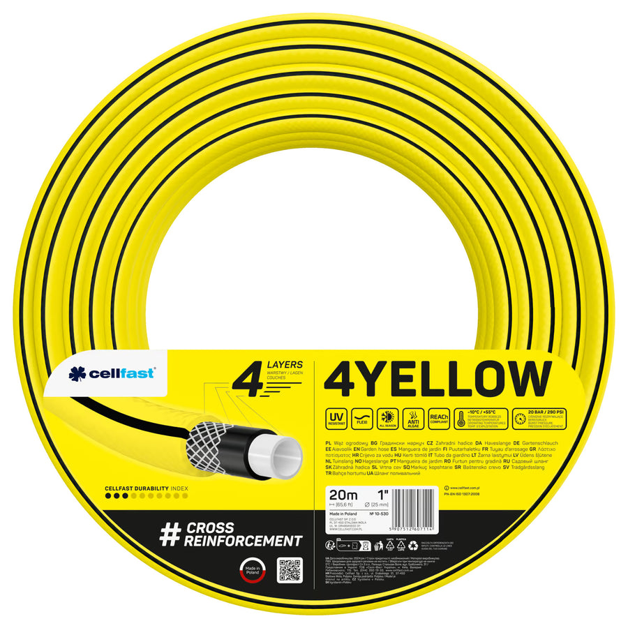 Cellfast trädgårdsslang, 4-lagers, UV-beständig, diameter 1 tum, längd 20 m, 4YELLOW