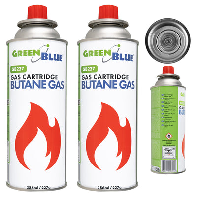 2 gaspatroner à 227 g GreenBlue. Certifikat: Pi 0875, uppfyller standarden EN417, butan, användningstemperatur -10 °C till +40 °C, GB227