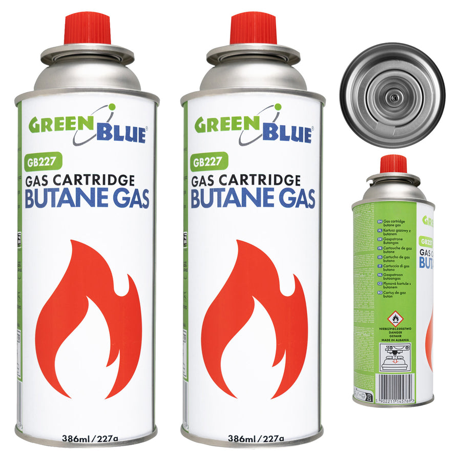 2 st. GreenBlue-gaspatroner à 227 g. Certifikat: Pi 0875, uppfyller standarden EN 417, butan, användningstemperatur -10 °C till +40 °C, GB227